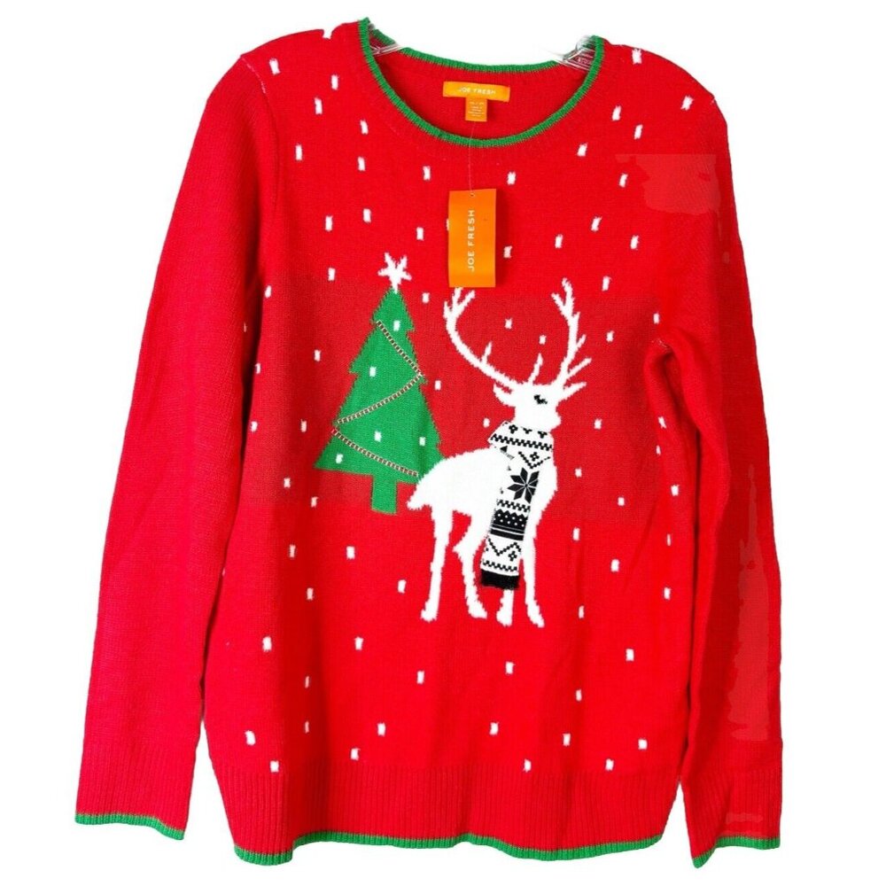 Joe Fresh Women Medium Ugly Christmas Sweater Lightweight Holiday Reindeer NWT